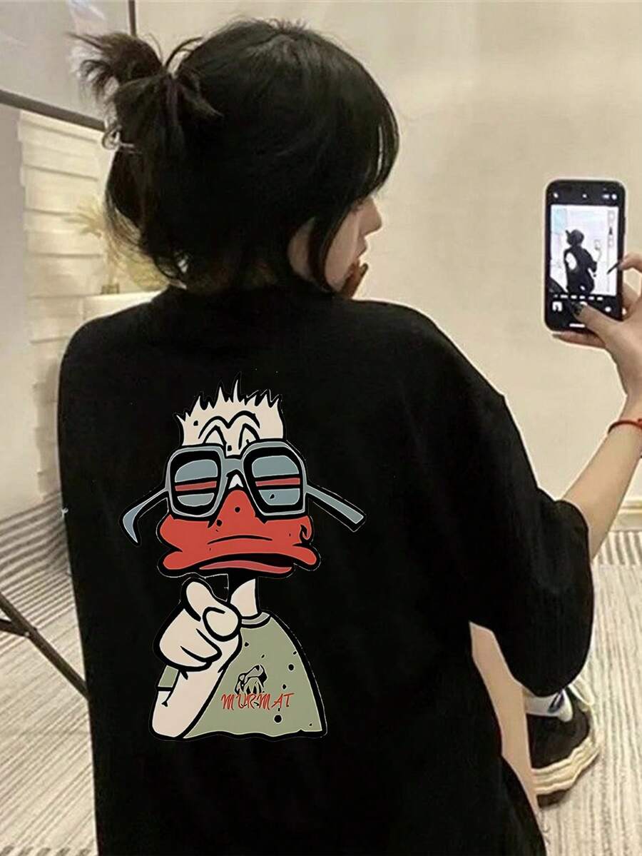 日系女式夏季宽松圆领卡通鸭子印花短袖T恤 - 黑色 - 查看 1