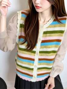 Alicedudu Women's Autumn Casual Cute Colorful Striped Ribbed Front Button Vacation Beach Knit Cardigan Vest - Multicolor - View 1