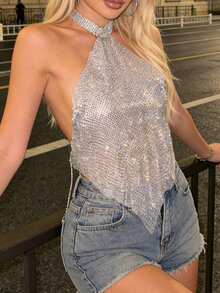 Top Halter de Mujer de Malla con Rhinestones, Brillante, Sin Mangas, Borde Asimétrico, Ajustado para Fiestas y Salidas Nocturnas de Verano - Plateado - Ver 5