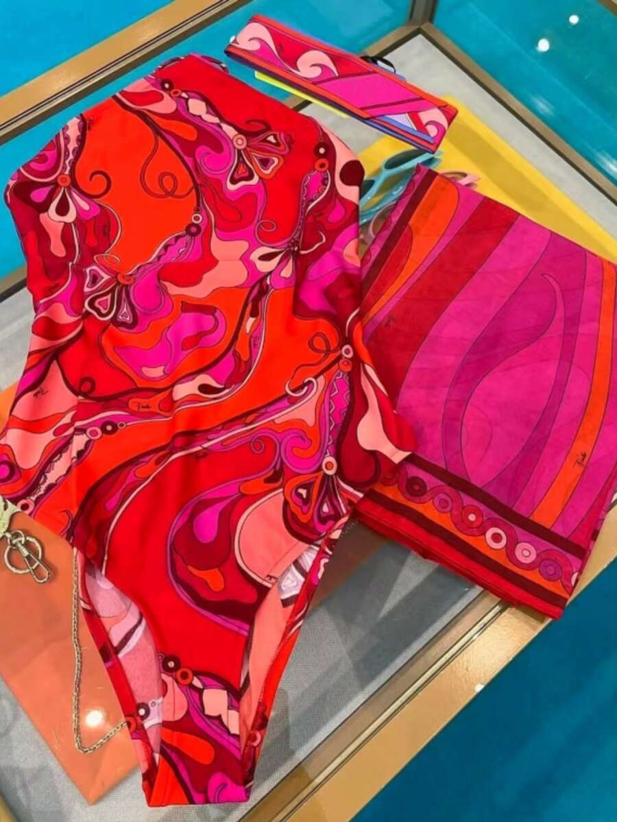 2026 New Retro Abstract Print Bikini Set Pink Black Color Block Tie-Up Beach Vacation Swimsuit - 亮橙色 - 查看 1