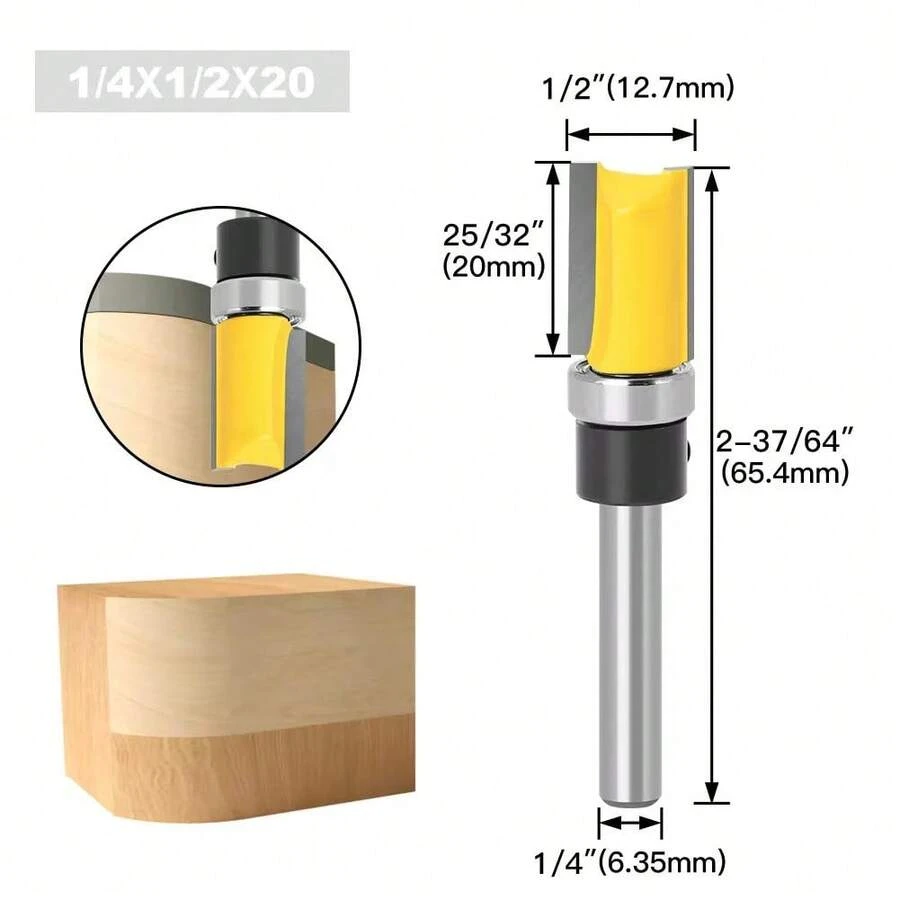 1/4" Shank 8mm Long Blade Flush Fit Router Bit With Bearing For Wood Template Pattern Bit T6TT Tungsten Carbide Router Bit - 6.35x12.7x20 - 查看 1