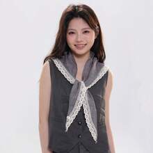 Women Vintage Grey Lace Trim Scarf Versatile Headwrap Hairband Decoration Daily Vacation Photography Sun Protection Shawl - 黃色 - 查看 8