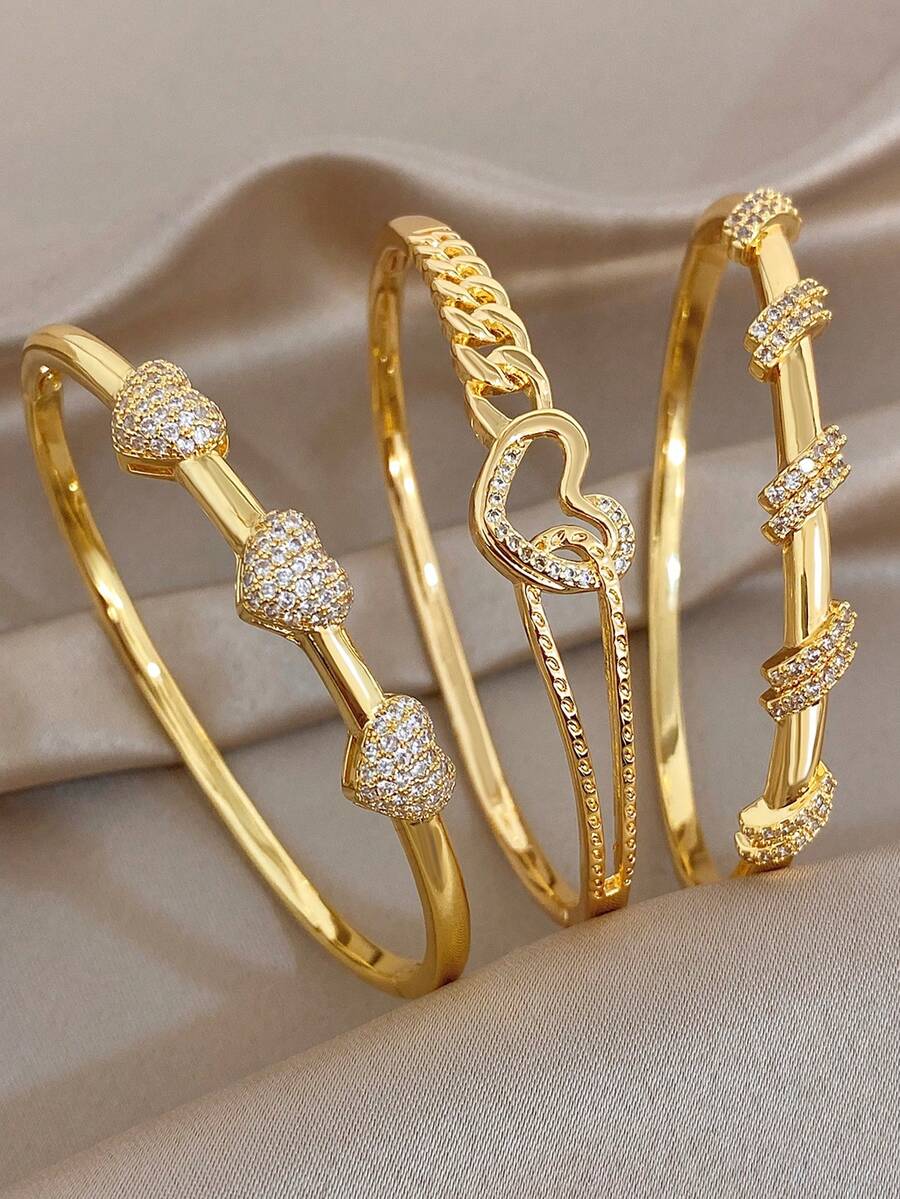 18K Gold Plated Anti-Fading Heart Zirconia Bangle Bracelet Set For Women, High Quality Luxury Jewelry,Gifts For Mom, For Daily Wear, Weddings, Suitable For Daily Life, Parties, Dates, Beach, Beach Jewelry, Mother's Day Gift, Valentine's Day Gifts, Spring, Wedding Supplies, Summer Accessories - Multicolor - View 1