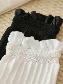 半双装女士蕾丝边中筒洛丽塔袜，白色荷叶边条纹袜，适合日常穿着 - 彩色 - 查看 5