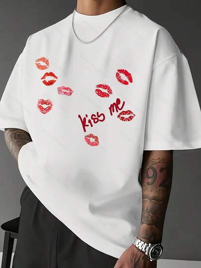 White Men's T-Shirt - Regular Fit, Short Sleeve, Crew Neck With Red Lip Kiss Print - Ideal For Everyday Leisure Wear, Dates And Parties, Machine Washable, Comfortable Fabric.