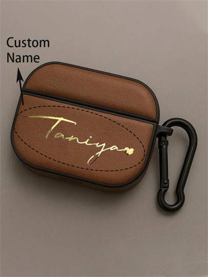 [Customized] Personalized Customized Letters Engraving Name Retro Low Luxury Leather Pattern Earphone Case Faux Leather Compatible With AirPods 3 4 Pro 2 Protective Case