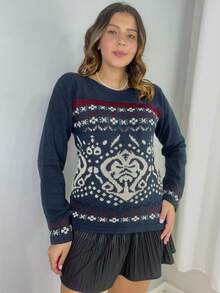 Blusa De Frio Feminina Manga Longa Tricot Inverno Mousse Tramas Geométricos Agasalho - Azul Marinho - Visão 2