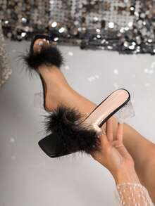 方头仿毛皮水晶高跟女式高跟凉鞋，夏季百搭套脚粗跟时尚凉鞋，适合商务、派对、婚礼、夜店等场合 - 黑色 - 查看 7