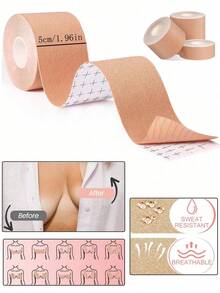 1 Cuộn Băng Nâng Ngực Vô Hình Nhiều Kích Cỡ, Nhiều Kiểu Dáng Có Sẵn, Chất Liệu Cotton-Polyester, Vải Co Giãn Thoáng Khí, Thích Hợp Cho Phụ Nữ Đi Tiệc, Kỳ Nghỉ và Sử Dụng Hàng Ngày, Miếng Dán Nâng Ngực Tự Dính, Miếng Dán Đệm Dây Áo Ngực Cho Nữ - Màu be - Xem 2
