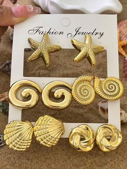 5对复古海洋风CCB材质海星贝壳螺旋耳钉套装，适合海滩度假