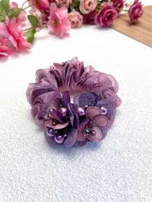 1pc Elegant Pearl Double Flower Hair Scrunchie For Women, High Stretch Oversized Floral Hair Tie Ponytail Holder, Chic Bun Maker Hair Accessories For Daily Hair Styling Travel Gatherings Leisure Commuting Photography, Spring Summer Clothing Matching Scrunchy,Holiday Hair Elastics Hair Rubber Bands Hair Rope Elastic Hair Tie - Multicolor - View 3