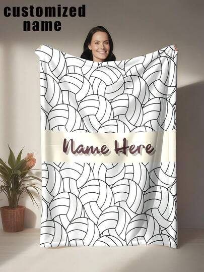 1pc Customized Volleyball Themed Fleece Blanket, All-Over Black And White Line Art Volleyball Print, Minimalist Sports Style, Can Be Used As Home Decor, Daily Warm Throw Blanket, Sofa Cover, Bed Scarf, Or Unique Gift For Birthday, Anniversary, Holiday