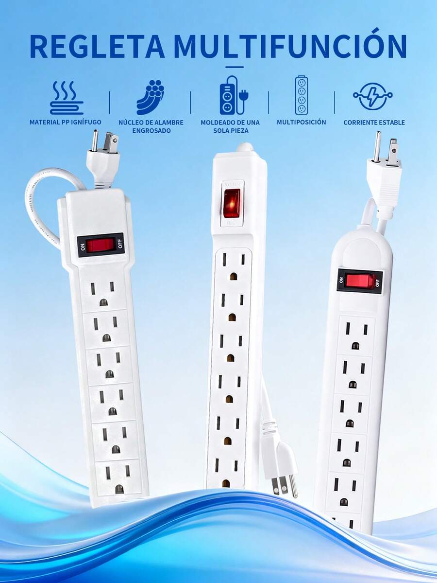 Extension Multicontacto Regleta 6 Enchufes,Regleta multicontactos electricos con 6 salidas con interruptor color blanco,Protector De Sobretensiones,Corriente ,Para Hogar, Oficina, Cochera, Banco De Trabajo, Cablede - Tipo de Enchufe A USA (110-127V) - Ver 1