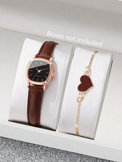 2pcs/Set Women's Gift Elegant Quartz Wrist Watch With Square Dial & Petite Dial + Heart Charm Bracelet (Watch Box Not Included)