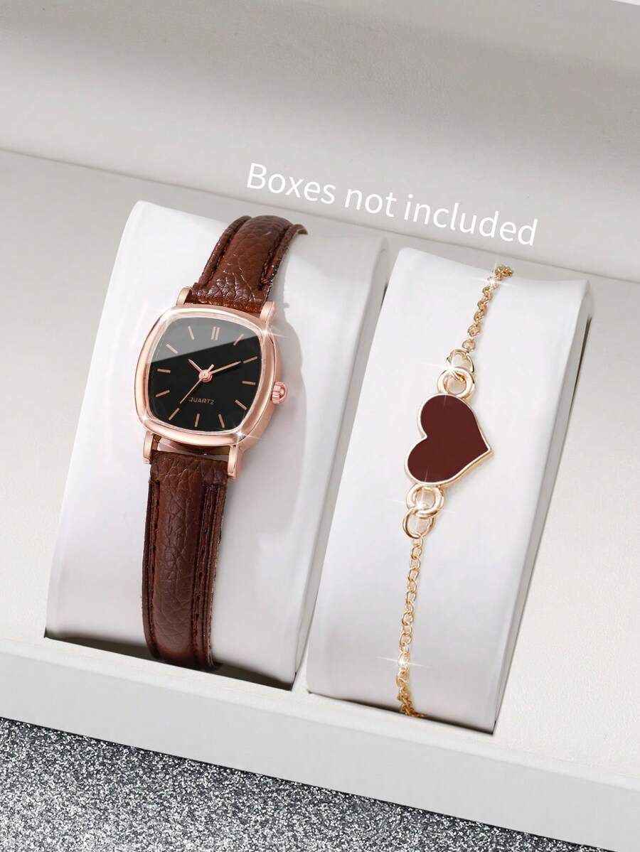Set de 2 piezas: Reloj de pulsera de cuarzo elegante para mujer con esfera cuadrada y esfera pequeña + Pulsera con dije de corazón (Caja de reloj no incluida) - Marrón - Ver 1