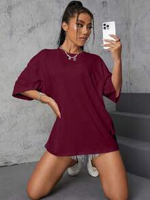 Kaos Wanita Ukuran Besar, Kaos Kasual, Atasan Olahraga, Pakaian Gym Musim Panas, Potongan Longgar, Lengan Pendek, Grafis, Dasar, Y2K 2026, Olahraga - Burgundy - View 5