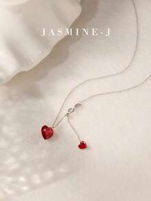 1pc S925 Sterling Silver Double Heart Pendant Necklace,Red Diamond Heart Pendant Necklace,Gold Necklace,Minimalist Elegance,Suitable For Women To Wear Daily - Multicolor - View 3