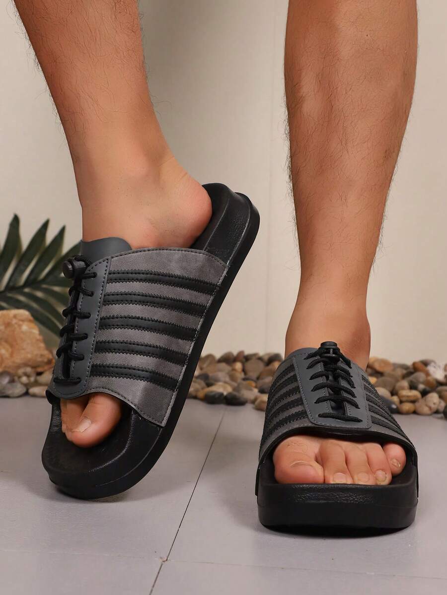 Dép lê thể thao nam thiết kế sọc, dép xỏ ngón đế dày cổ điển mùa hè 2026, dép đi biển, dép nghỉ mát. - Xám - Xem 1