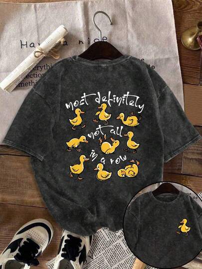 女士休闲可爱趣味黄色小鸭印花100%纯棉T恤，黑色水洗，圆领，短袖，简约休闲风，适合日常穿着。趣味小鸭图案连帽T恤，讽刺幽默，略带挖苦，心理健康主题T恤，励志T恤。夏季