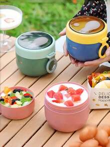 1个不锈钢/塑料大容量早餐杯，可作燕麦杯、牛奶杯，适用于盛装粥、麦片、沙拉、奶昔、酸奶等，可重复使用，带盖和勺子，是居家、办公、学校、旅行和户外野餐的理想之选。 - 彩色 - 查看 10