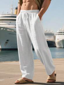 男士透气薄款亚麻宽松休闲运动裤，适合海滩、春夏穿着 - 白色 - 查看 3