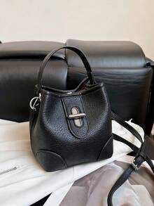 New Fashionable Solid Color Dopamine Litchi Grain Exquisite Niche Design Twist Lock Handbag, European And American Style Korean Chic Casual Bucket Shoulder Bag, Suitable For Daily Commute, Shopping, School, Travel, Crossbody Bag For Women - Multicolor - View 14