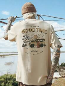 Men's Casual Round Neck Short Sleeve T-Shirt With Slogan & Palm Tree Print, For Summer - Apricot - View 4