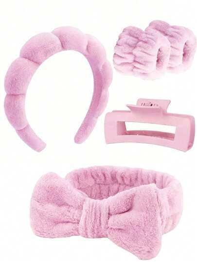 5件套奢华超细纤维SPA头带和腕带套装，洗脸头带，化妆头带，护肤头带，天鹅绒蓬松海绵头带，柔软吸水毛巾布泡泡蓬松发带，适用于护肤、卸妆、沐浴，适合女性和女孩。