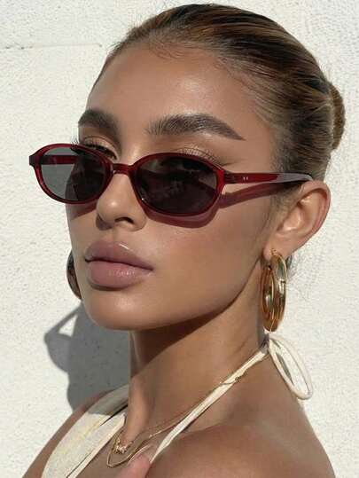 1 par de gafas de mujer con montura ovalada de PC color borgoña, vintage, de unicolor, con un diseño personalizado y elegante de montura pequeña