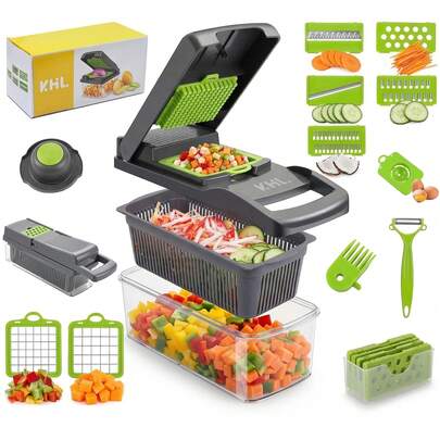 Picador De Verduras 16 En 1 multifuncional, Picador De Verduras Manual Con Contenedor, Rallador Cortador Rebanador De Acero Inoxidable Fácil De Manejar, Corta Rápidamente En Juliana, En Rodajas Y En Dados Para Preparar Frutas, Verduras Y Ensaladas