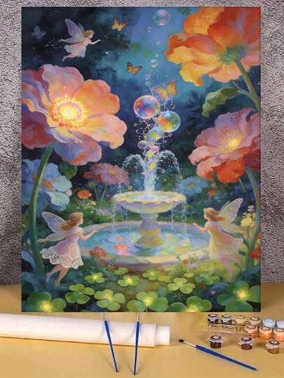 Fairy Garden Fountain DIY Oil Painting By Numbers Canvas Painting Crafts Adult Home Decoration 40x50cm/16x20inch Holiday Gifts