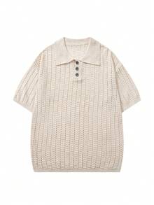 Spring/Summer Men's Unisex Polo Collar Short Sleeve Knit Top Hollow Out Casual Loose Business Commute Half-Open Placket Pullover T-Shirt - Apricot - View 4