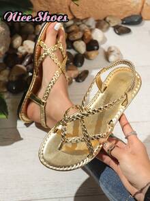 女士编织平底凉鞋拖鞋，黑色/棕色/白色，丁字裤，纯色，防滑，适合室内外穿着，时尚休闲日常，沙滩装，波西米亚风格交叉带平底凉鞋，舒适轻盈镂空露趾平底靴，高帮罗马凉鞋，金色/黑色平底凉鞋，沙滩鞋 - 金色 - 查看 3