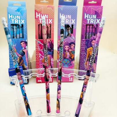 12개/1박스 연필 세트 악마 사냥 걸 그룹 박스형 2B 연필 세트 - 글쓰기, 학용품 및 선물용으로 이상적 K-Pop 팬에게 적합, K-Pop 연필 세트, 개학 시즌에 적합, 개학 시즌 선물[스타일은 무작위로 배송]/8개 아이돌 스티커, 귀여운 옷 입히기 스티커