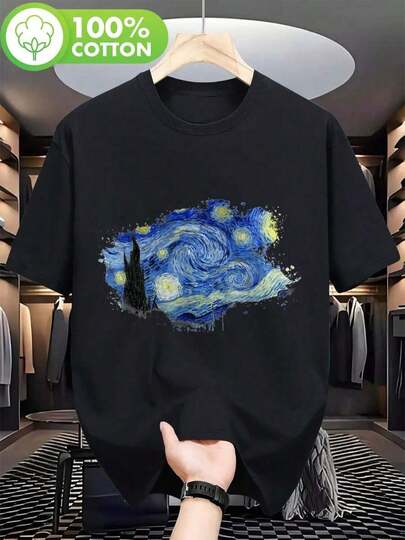 Camiseta de Hombre Van Gogh Noche Estrellada - Camiseta Artística Negra con Pintura Azul y Amarilla en Espiral, Camiseta de Algodón Suave y Transpirable para Eventos Diarios y Formales, Talla hasta 2XL (L-2XL) - Regalo para Amantes del Arte y Entusiastas de la Historia, Ropa Casual, Cuello Redondo Clásico, Ajuste Cómodo, Ropa Artística, Usuarias Casuales, Actividades al Aire Libre, Diseño Retro, Material Duradero, Top de Manga Corta, Coleccionistas de Arte VETZ