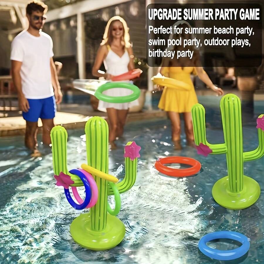 1pc Inflatable Cactus Ring Toss Game Set, Includes Inflatable Cactus And 4 Colored Rings, Carnival Party Supplies, Hawaii Pool Beach Party Decorations, Inflation Pump Sold Separately