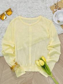 Youweiniel Casual Sheer Long Sleeve Cardigan Knit Top, Women's Elegant Vacation Beach Outerwear For Spring And Summer - Yellow - View 4
