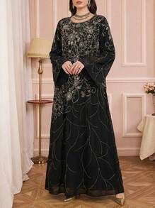 Solessence 女士优雅串珠刺绣圆领阿拉伯风格连衣裙 - 黑色 - 查看 2