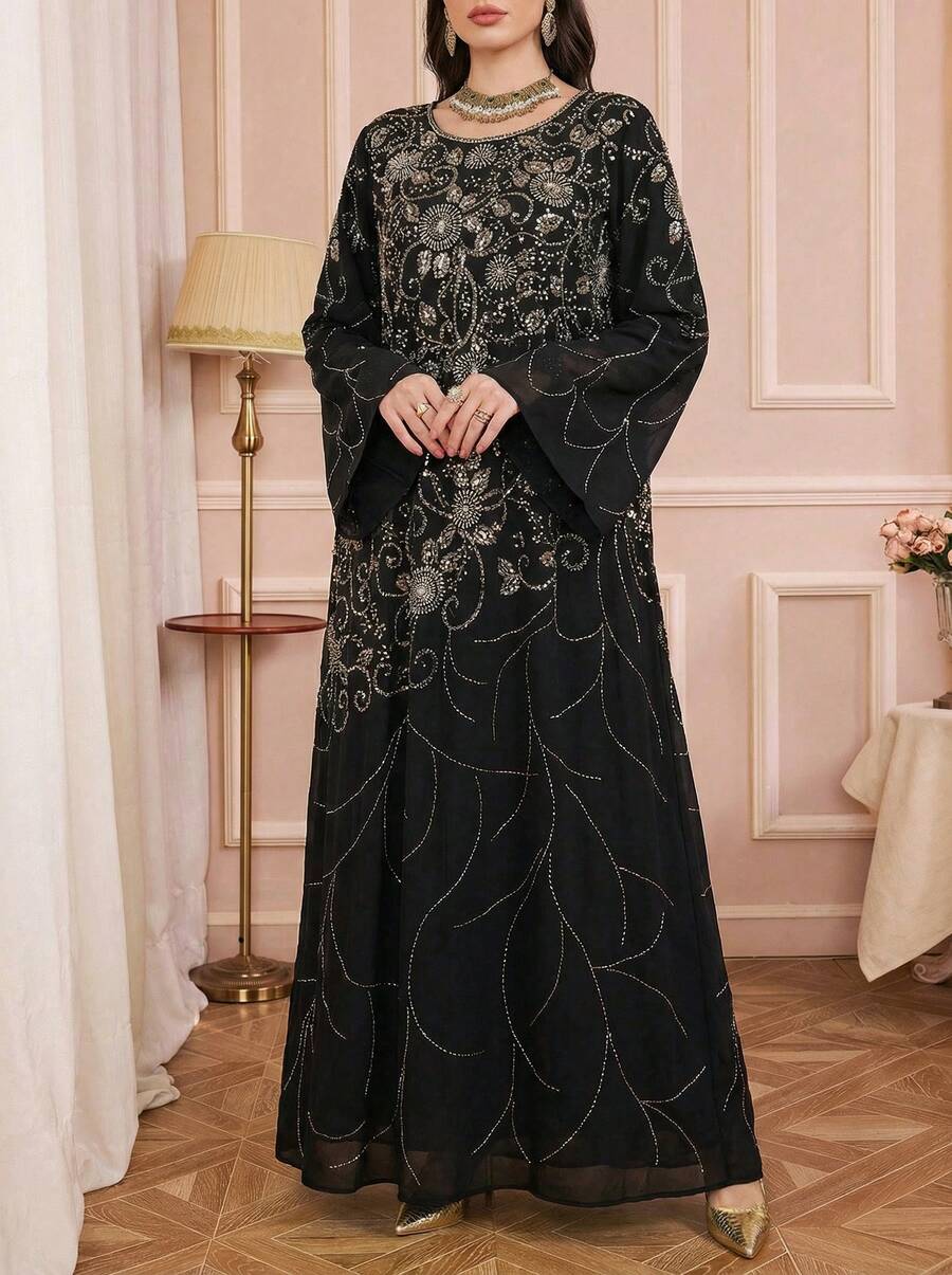 Solessence 女士优雅串珠刺绣圆领阿拉伯风格连衣裙