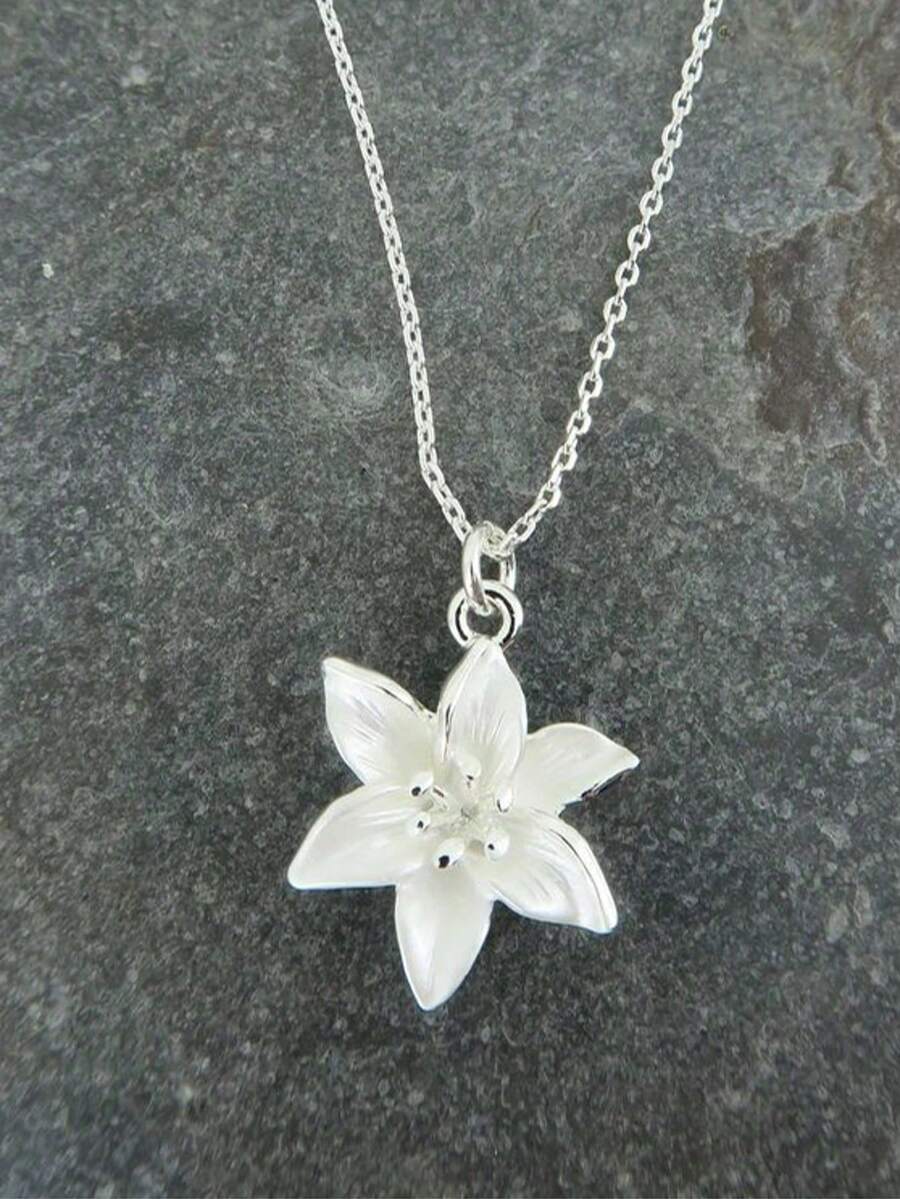 1pc Lily White Flower Delicate Silver Pendant Necklace, Floral Necklace Gift For Birthday, Wedding - trắng - Xem 1