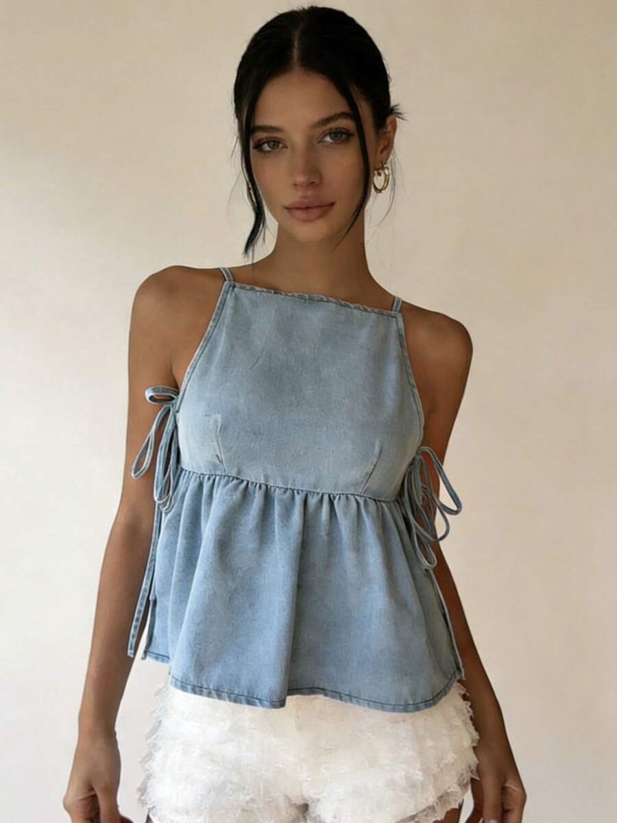 Camisetas sin mangas para mujer, de color liso, estilo babydoll de verano, con lazo lateral, de mezclilla - Azul - Ver 1