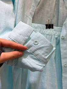 Linen Shirt And Shorts Set (2 Pieces), Lined With Elastic. - Mint Blue - View 3