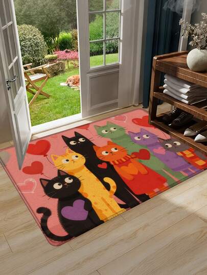 1件卡通猫咪爱心图案门垫，波西米亚风格入口垫，户外地毯，可水洗地板垫，走廊地毯