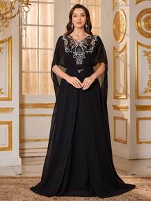 SUPGIR Women's V-Neck Batwing Sleeve Luxury Bead Sequin Stitching Two Pieces Maxi Chiffon Formal Evening Dress - Black - View 3