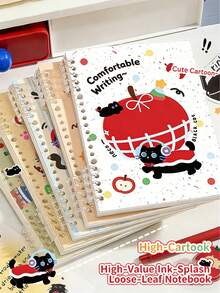 Loose-Leaf Notebook, Student Use, Notepad, Lined Inner Pages, Cartoon Apple And Cat Design, Detachable Pages, Perfect For Back-To-School Season. - Multicolor - View 1