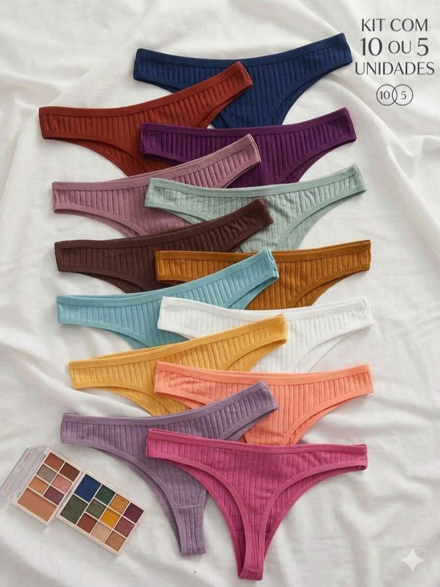 Set Of 10 Ribbed Thong Panties, Sexy For Everyday Wear - 彩色 - 查看 1