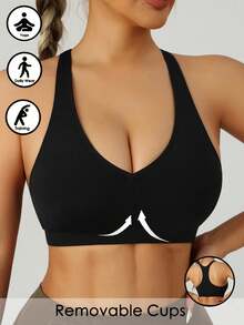 1PC Solid Colour Casual Sports Bras For Women,Crisscross Back Yoga Fitness Running Sports Tops,Racerback Black Fall - Black - View 2
