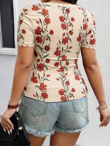 女士纹理印花针织U领修身T恤，休闲度假T恤，日常穿着，春夏款 - 彩色 - 查看 5