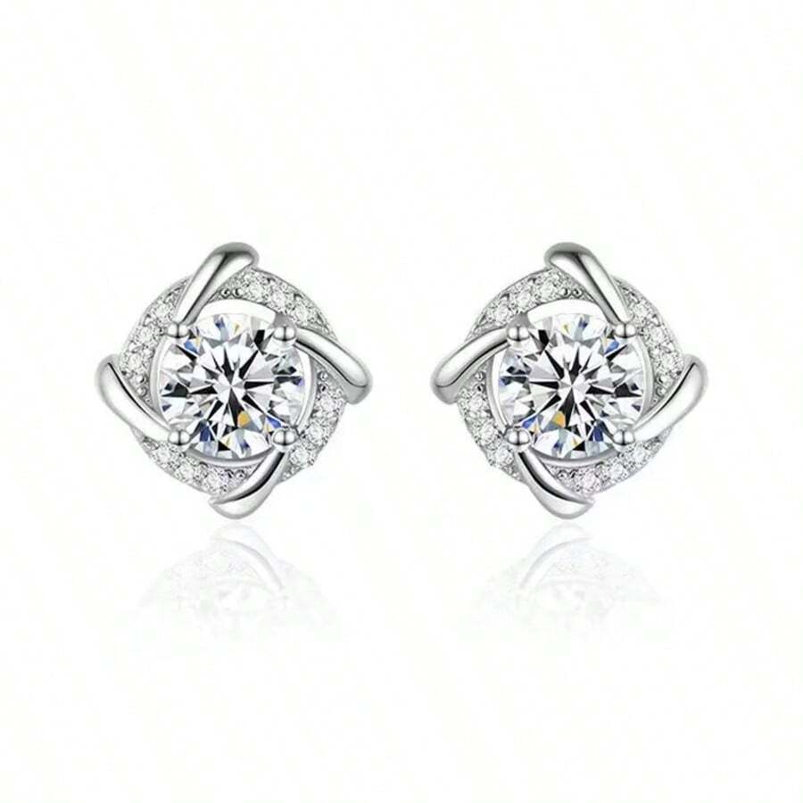 Bông tai hình cối xay gió hoa hồng, đính đá Moissanite, thích hợp làm quà tặng cho phụ nữ, bé gái, bạn gái, vợ, trong đám cưới, quà cưới thủ công, quà đính hôn, quà sinh nhật. - Bạc - Xem 1