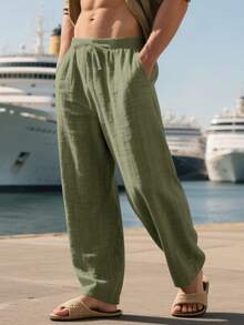 Men's Breathable Thin Linen Loose Casual Sports Pants, Suitable For Beach, Spring/Summer - Army Green - View 3